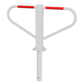 Car-park barrier | foldable with round | cylinder self-engaging | lock | for casting in concretewith welded-on ground anchor,approx. 400 mm below ground | hot-dip galvanized and white coated withred reflecting stripes